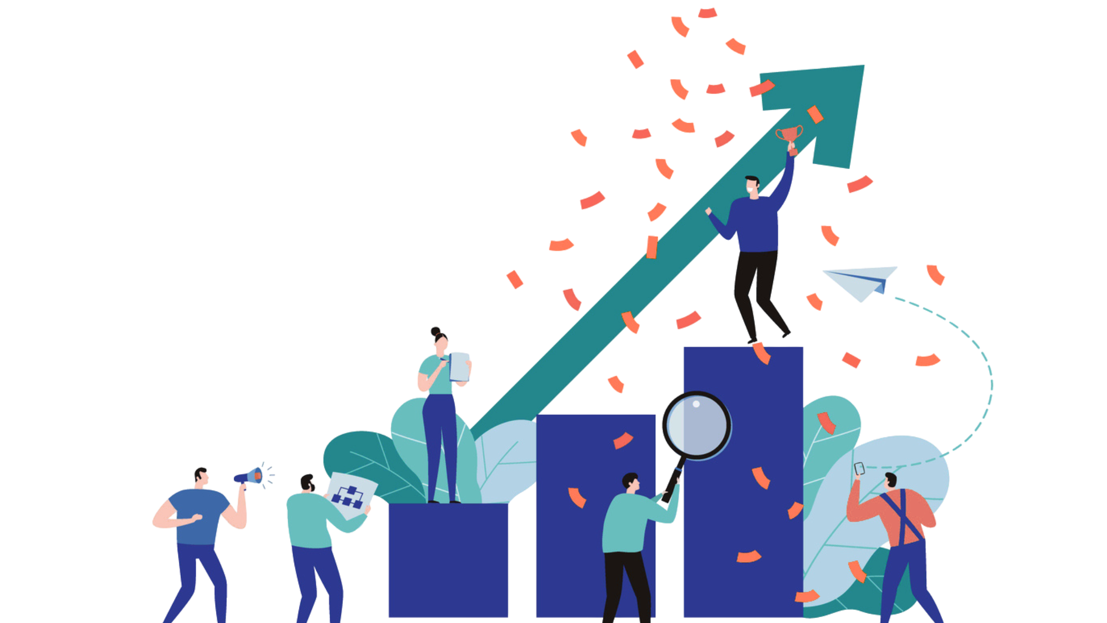 Illustration of a nonprofit and marketing team celebrating growth and success with an upward arrow, confetti, and team members collaborating around rising bar charts representing building and retaining high performing mission driven marketing teams.