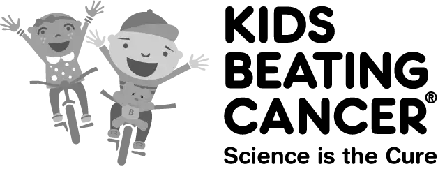 Kids Beating Cancer logo featuring two smiling cartoon children on the left and the text "KIDS BEATING CANCER" stacked above "Science is the Cure" on the right.